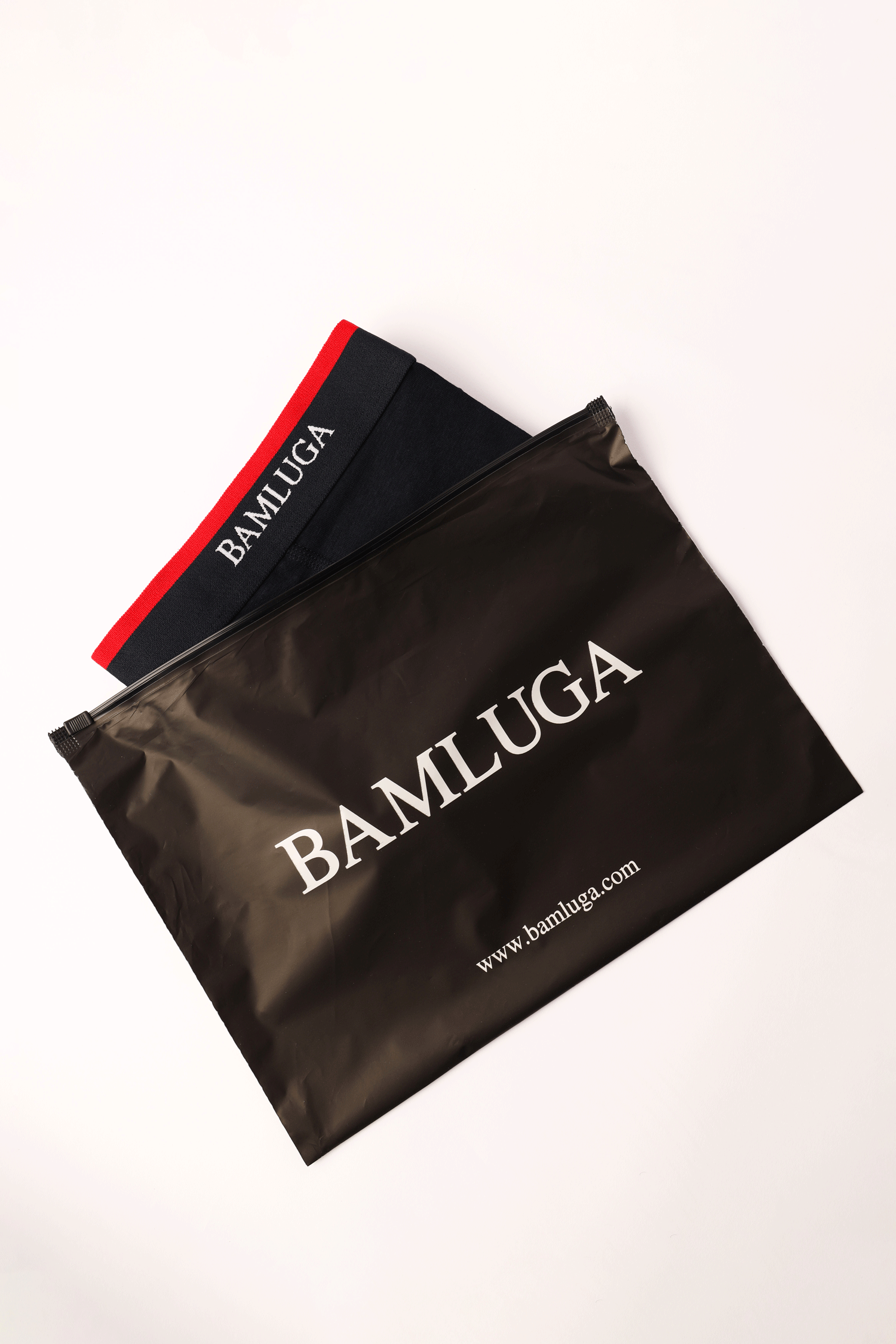 Black pouch with 'Bamluga' branding on a white background bamboo boxershort/underwear BAMLUGA