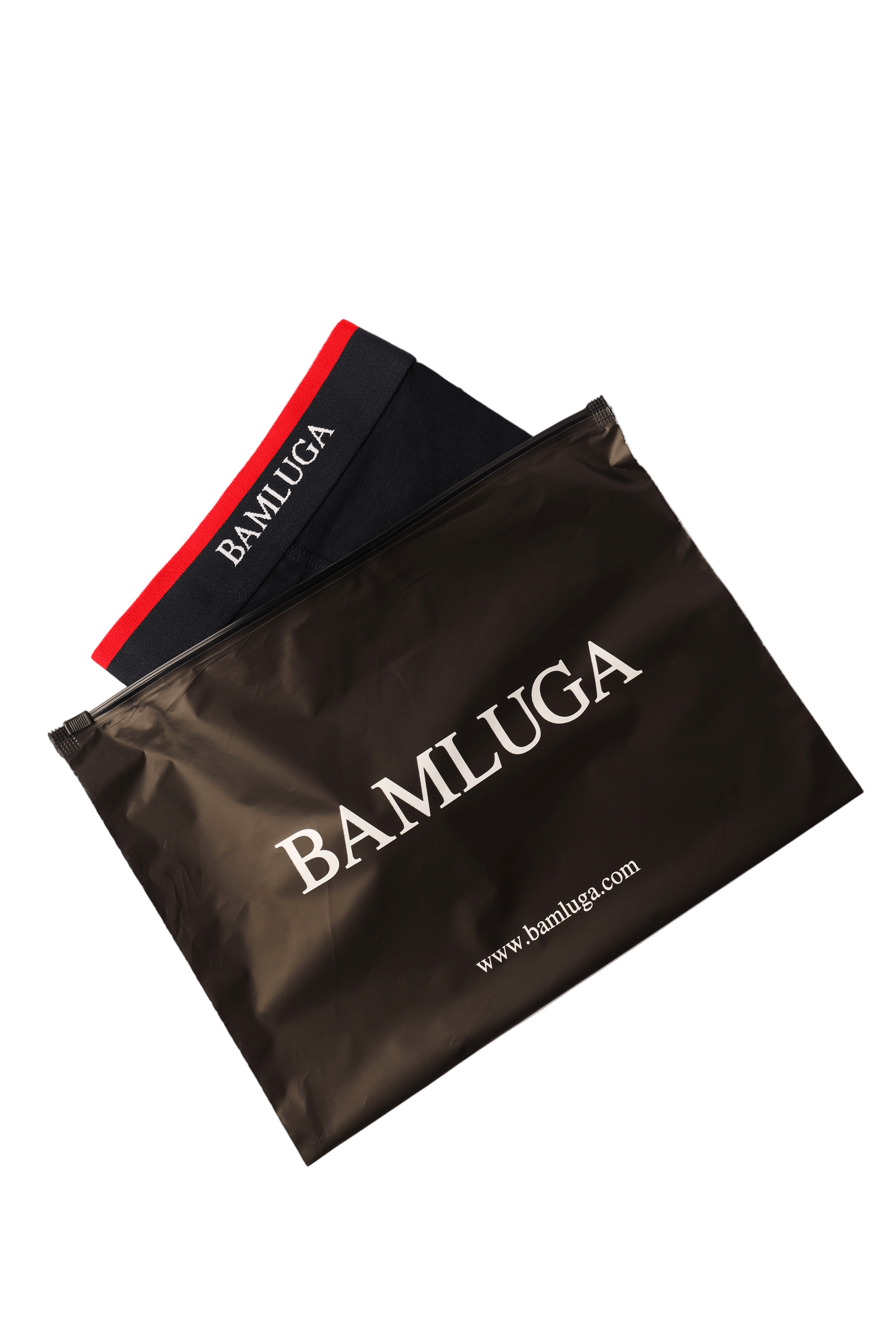 Black pouch with 'Bamluga' branding on a white background bamboo boxershort/underwear BAMLUGA