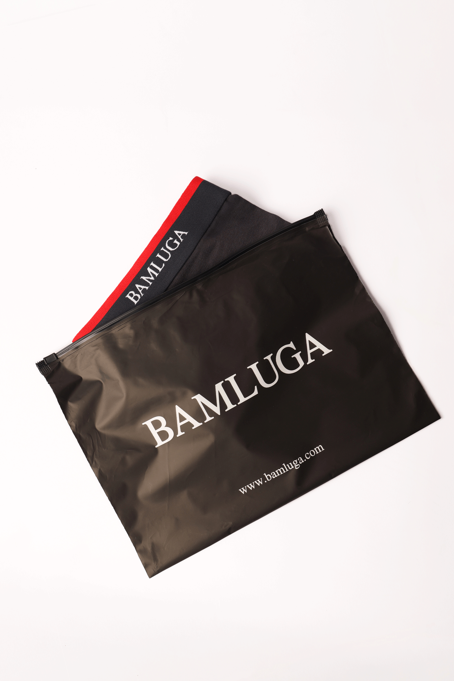Black pouch with 'Bamluga' branding on a white background bamboo boxershort/underwear BAMLUGA