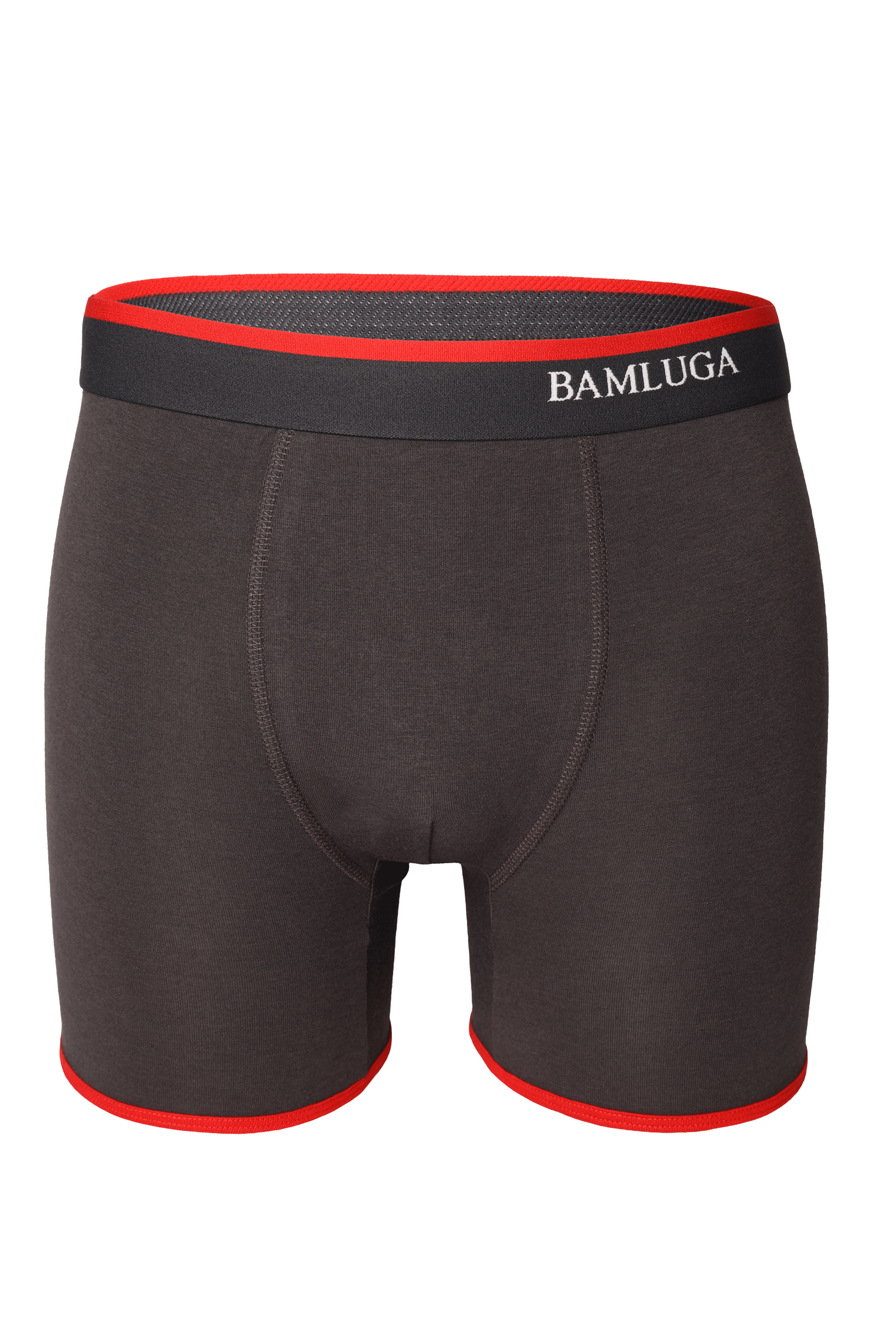 Zwarte boxershort met rode biezen en ‘BAMLUGA’-branding op een witte achtergrond bamboe boxershort/ondergoed