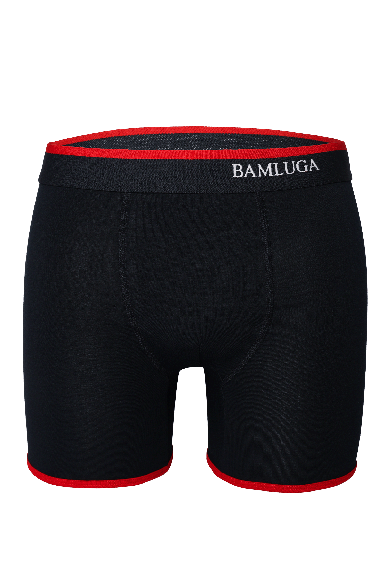 Zwarte boxershort met rode tailleband en bies op een witte achtergrond bamboe boxershort/ondergoed