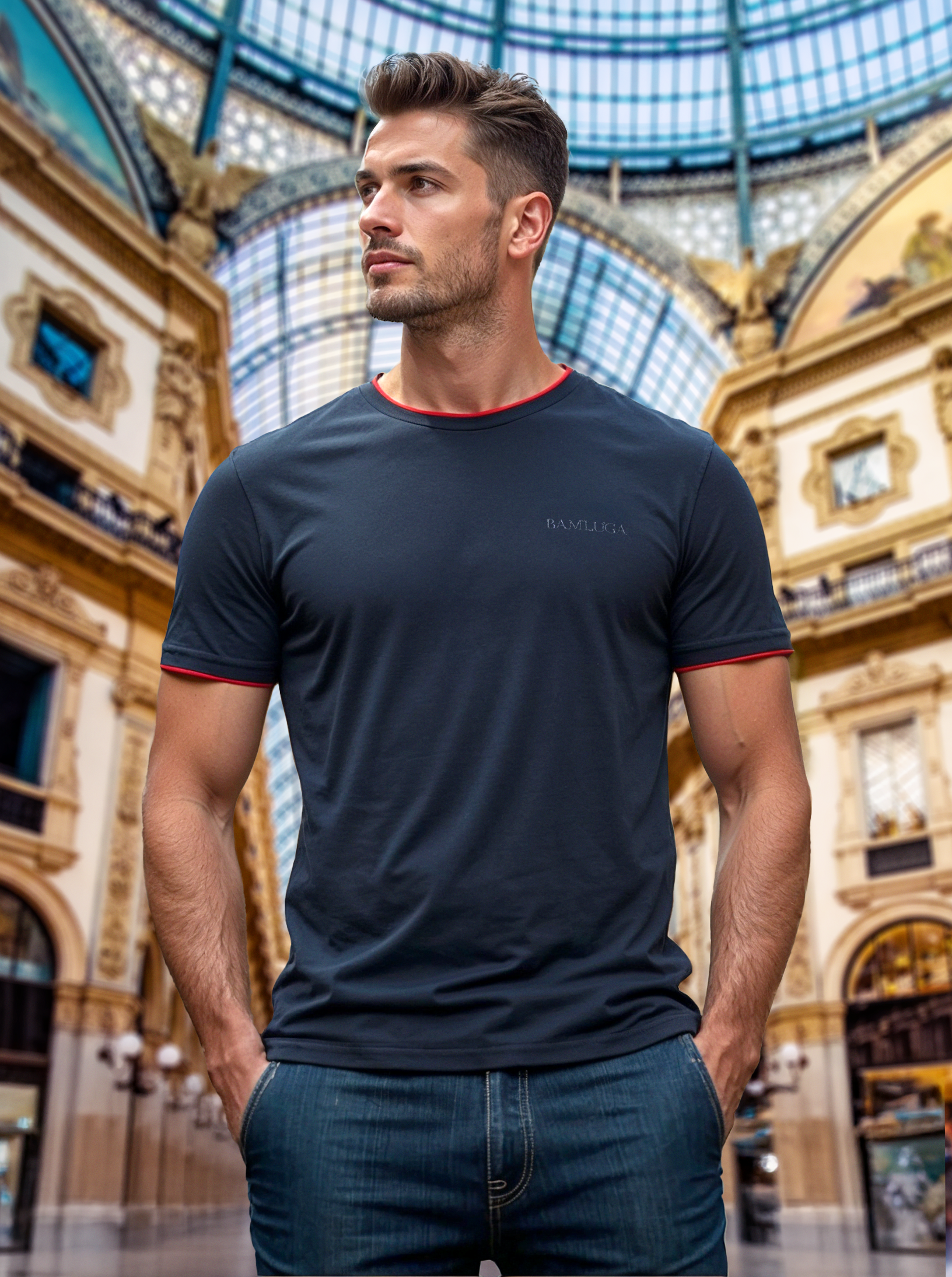Man met een marineblauw BAMLUGA bamboe T-shirt met rode biezen in Galleria Vittorio.
