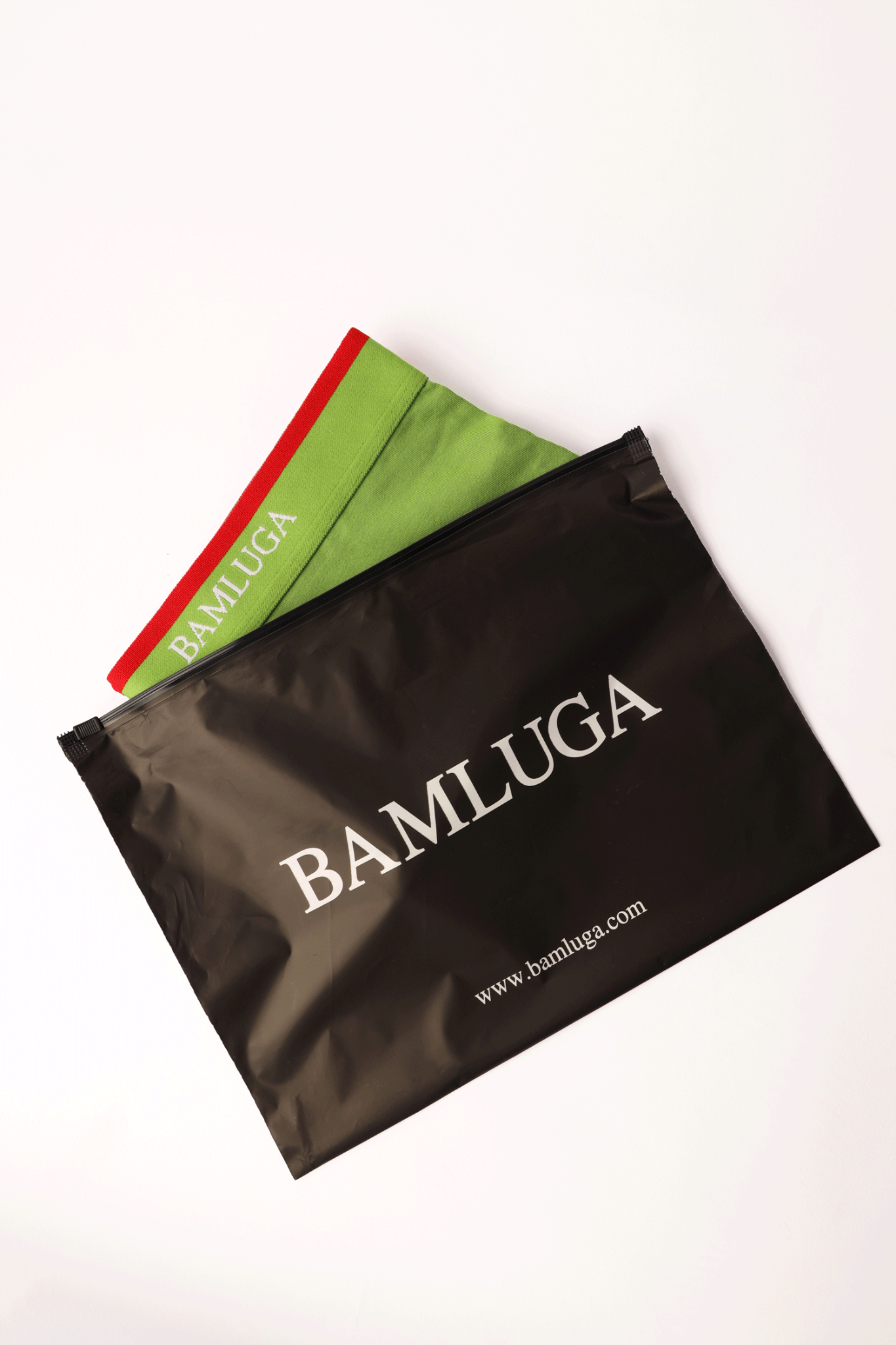 Black Bamluga pouch with a red and green pouch in the background on a white background bamboo boxershort/underwear BAMLUGA