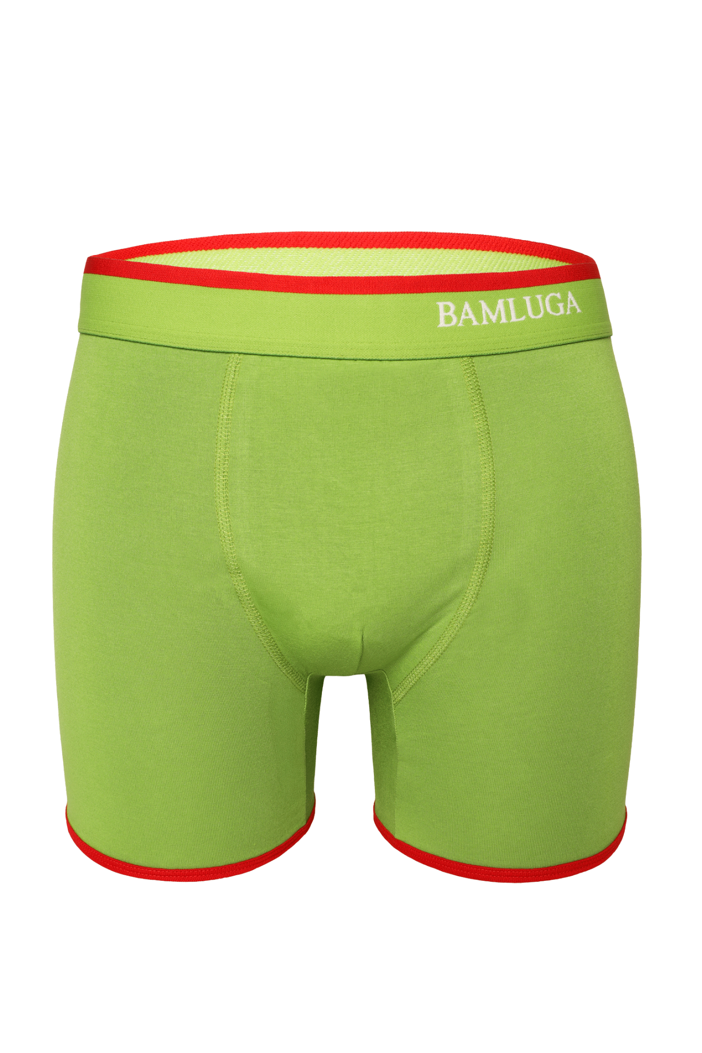 Groene boxershort met rode tailleband en bies op een witte achtergrond bamboe boxershort/ondergoed